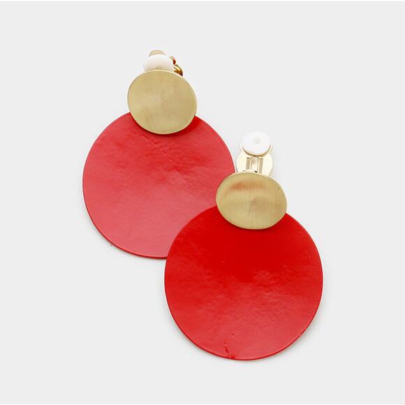 Clip on 2 1/4" matte gold and red painted double circle dangle earrings - Picture 1 of 4